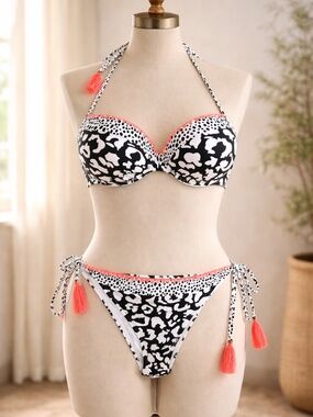 Resort Glam Mixed Print Bikini Set Halter Tie Tassel Detail Size 14
